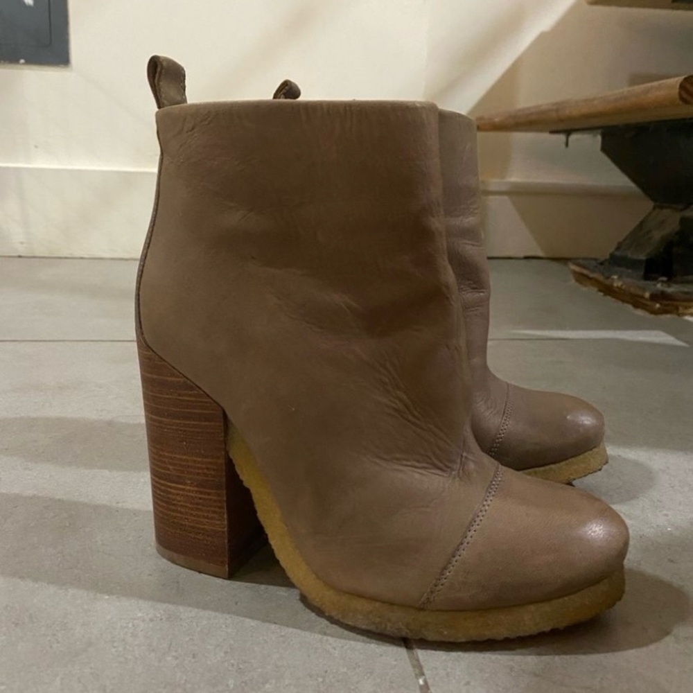 Tan leather all saint boots, 4.5” wood heel with rubber soles, size 37